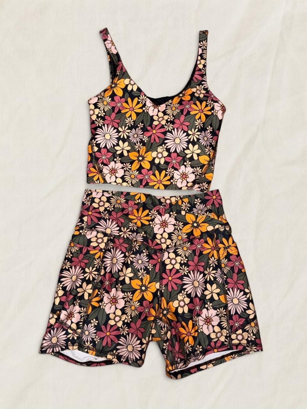 Floral Crop Tank and High-Waist Shorts Set - Black with Pink & Orange Flowers